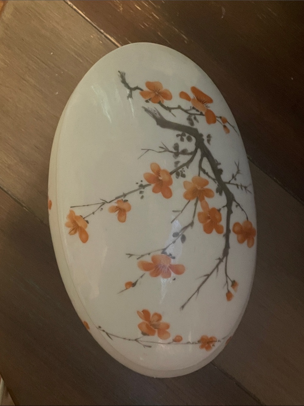 Vintage Porcelain Oval Trinket Box with Orange Floral Branch Made in France